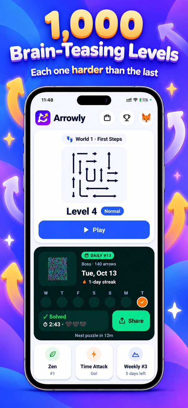 Arrowly home screen showing the next level, the daily puzzle and game modes