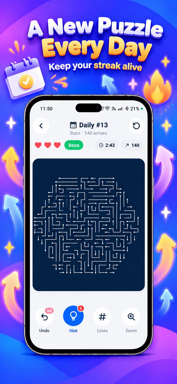 Arrowly Daily Puzzle with a large board of arrows