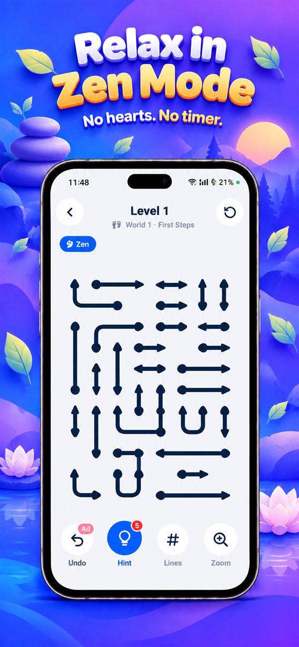 Arrowly Zen mode: a relaxing board with no hearts and no timer